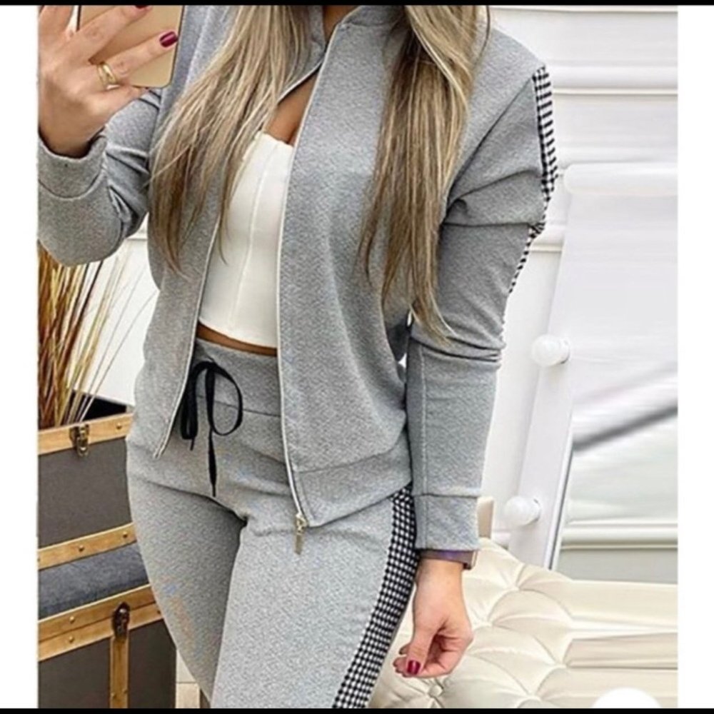 Contrast Plaid Jacket & Drawstring Pants